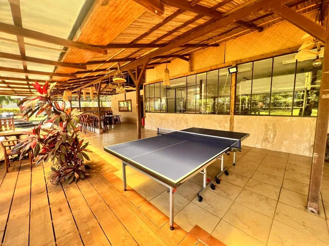A ping-pong table on the covered wooden deck.